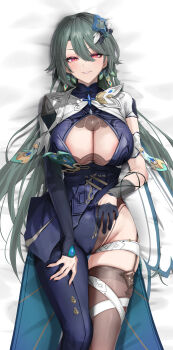 1girl absurdres anzu0130 asymmetrical_clothes black_gloves black_jacket black_pants breasts cameltoe center_opening cleavage commentary_request covered_navel dakimakura_(medium) earrings gloves green_hair grey_thighhighs hair_between_eyes hair_ornament half_gloves highres honkai_(series) honkai_impact_3rd jacket jewelry large_breasts long_hair looking_at_viewer pants parted_lips red_eyes shrug_(clothing) single_half_glove single_pantsleg single_thighhigh smile solo thighhighs very_long_hair vita_(honkai_impact) vita_(lone_planetfarer)_(honkai_impact) white_shrug yellow_pupils