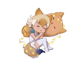 1girl absurdres alternate_costume animal_ears bare_shoulders beleven blonde_hair blush brown_hair closed_eyes coyopotato coyote_(kemono_friends) extra_ears frilled_shirt frills hair_between_eyes highres kemono_friends kemono_friends_v_project lying multicolored_hair no_shoes on_side shirt short_hair shorts sidelocks sleeping sleepwear sleeveless solo string_lights tail thighhighs virtual_youtuber white_hair white_shirt white_shorts white_thighhighs wolf_ears wolf_girl wolf_tail