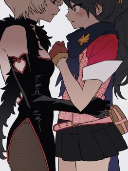 2girls ace_attorney ace_attorney_investigations ace_attorney_investigations:_miles_edgeworth black_dress black_gloves black_hair black_pantyhose black_skirt blonde_hair blue_scarf blush breasts commentary_request dress elbow_gloves feather_boa gloves goso_(user_ekpp2582) green_eyes hand_on_another&#039;s_waist highres kay_faraday long_hair looking_at_another multiple_girls pantyhose parted_lips pink_shirt ponytail red_eyes red_gloves scarf shih-na shirt short_hair simple_background skirt small_breasts white_background yuri