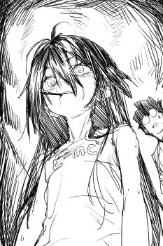 1boy 1girl absurdres antenna_hair breasts chaucer_(some1else45) crazy_eyes e=mc2_(equation) equation from_below greyscale hair_between_eyes hatching_(texture) highres hipa_(some1else45) linear_hatching long_hair monochrome original physics shirt short_hair sleeveless small_breasts solo_focus some1else45 sweat upper_body utensil_in_mouth