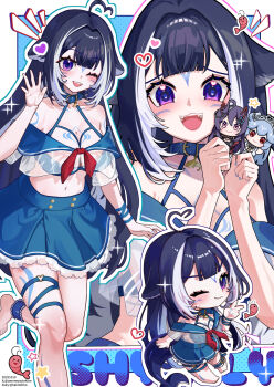 1girl ahoge akuma_nihmune animal_ears bao_the_whale bikini bikini_under_clothes black_hair breasts cat_ears character_doll chibi cleavage cropped_shirt doll heart heart_ahoge highres holding holding_doll indie_virtual_youtuber large_breasts long_hair looking_at_viewer multicolored_hair one_eye_closed purple_eyes see-through_clothes see-through_shirt shirt shylily shylily_(1st_costume) sidelocks smile solo streaked_hair swimsuit taki_tohko thigh_strap very_long_hair virtual_youtuber white_hair
