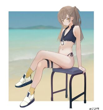 1girl anklet beach bikini blush border brown_hair collared_shirt commentary crossed_arms d5y0m flat_chest full_body girls'_frontline girls'_frontline_2:_exilium hair_between_eyes highleg highleg_bikini highres jewelry leva_(girls'_frontline_2) long_hair looking_at_viewer navel ocean on_stool one_side_up orange_eyes outside_border parted_lips scar scar_across_eye scar_on_face shirt shoes shore side-tie_bikini_bottom sidelocks sitting sleeveless sleeveless_shirt socks solo stomach sweat swimsuit thigh_strap torn_clothes torn_shirt twitter_username ump45_(girls'_frontline) v-neck white_border white_shoes yellow_socks