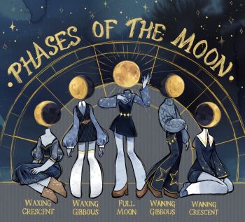 Rule 34 | 1girl, boots, collared shirt, crescent moon, denim, dress, english text, feefal, full body, full moon, jeans, long sleeves, moon, multiple views, object head, original, pants, personification, shirt, shoes, sweater, thighhighs, turtleneck, turtleneck sweater