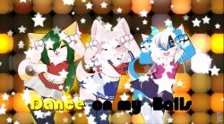 Rule 34 | 2022, 3girls, animal ears, animated, audible music, belt, black leggings, black thighhighs, blush, caramelldansen, claws, crop top, dancing, english text, fangs, fox girl, furry, furry female, green eyes, highres, horns, leggings, multiple girls, music, navel, open mouth, pawpads, school uniform, skirt, smile, socks, sound, sukendo, thighhighs, video, white hair