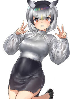 1girl alternate_costume bird_girl bird_tail bird_wings black_shoes black_skirt blonde_hair blush cowboy_shot grey_hair hair_between_eyes head_wings kemono_friends long_sleeves looking_at_viewer multicolored_hair northern_white-faced_owl_(kemono_friends) orange_eyes owl_ears owl_girl pencil_skirt puffy_sleeves shirt shoes sidelocks skirt smile solo standing standing_on_one_leg tadano_magu tail white_hair white_shirt wings