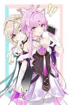 ! !! 2girls absurdres bare_shoulders black_sweater blezer brown_hair commentary_request dress forehead_jewel fu_xuan_(honkai:_star_rail) green_eyes hair_ornament hair_stick hand_on_another's_chest highres holding holding_phone holding_tablet_pc honkai:_star_rail honkai_(series) long_hair looking_at_viewer low_twintails multiple_girls pantyhose parted_bangs phone pink_hair qingque_(honkai:_star_rail) sweater tablet_pc tassel twintails upper_body white_pantyhose yellow_eyes