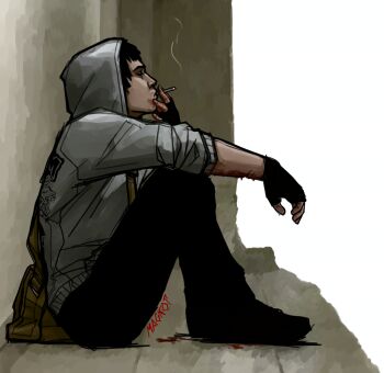 1boy against_wall arm_on_knee bag black_eyes black_gloves black_hair black_pants blood blood_on_face blood_on_ground blood_on_hands cigarette cry_of_fear dead-rebels fingerless_gloves from_side gloves grey_hoodie highres holding holding_cigarette hood hood_up hoodie implied_self-harm knees_up leaning_forward male_focus outstretched_arm pants print_hoodie shoulder_bag simon_henriksson sleeves_rolled_up smoking solo wrist_cutting