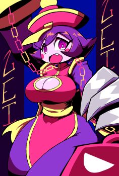 1girl 2023 :d alternate_breast_size_(larger) baggy_pants blue_background blue_skin blush_stickers bow breasts capcom chain chinese_clothes claw_(weapon) claws cleavage colored_skin commentary curvy darkstalkers dress english_commentary eyebrows_hidden_by_hair fang flats flipped_hair full_body ghost hair_between_eyes hat highres hsien-ko jiangshi kettlebell large_breasts long_sleeves looking_at_viewer mandarin_collar ofuda open_mouth pants pink_dress purple_eyes purple_hair purple_pants qingdai_guanmao quarium ringed_eyes sash short_hair smile waist_bow weapon yellow_eyes yellow_sash yellow_trim