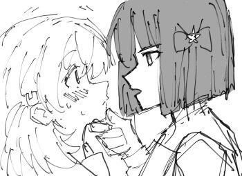 2girls alt_text blunt_bangs blunt_ends blush closed_mouth commentary_request eye_contact flower flower_knot greyscale hair_flower hair_ornament hand_on_another&#039;s_chin hinoshita_kaho link!_like!_love_live! looking_at_another love_live! medium_hair momose_ginko monochrome multiple_girls nogreen open_mouth portrait profile rabbit_hair_ornament short_hair sketch sweat two_side_up virtual_youtuber wide-eyed yuri