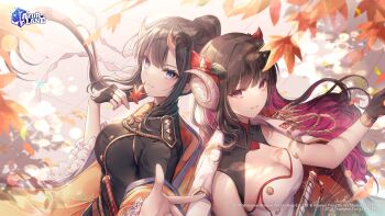 2girls absurdres azur_lane black_gloves black_hair breasts brown_hair buttons closed_mouth coat curled_horns double-breasted fingerless_gloves floating_hair flower gloves hair_flower hair_ornament haori highres horns jacket jacket_on_shoulders japanese_clothes katana large_breasts long_hair long_sleeves looking_at_viewer medium_breasts military military_uniform multiple_girls official_art oni_horns open_clothes open_coat ozzingo ponytail purple_eyes ryuuhou_(azur_lane) second-party_source shirt standing suruga_(azur_lane) sword upper_body weapon white_coat white_shirt wing_collar