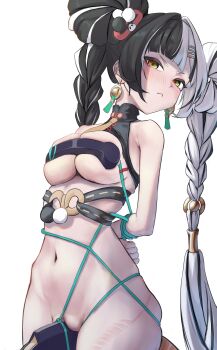 1girl absurdres arms_behind_back bdsm black_hair bound bound_arms breasts corded_phone dialyn_(zenless_zone_zero) earrings highres jewelry kaba_(hama) large_breasts looking_at_viewer multicolored_hair navel phone pussy simple_background solo stomach twintails two-tone_hair white_background white_hair wire yellow_eyes zenless_zone_zero