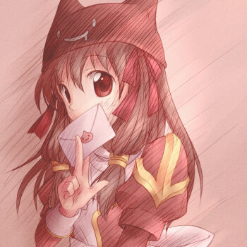 1girl back_bow between_fingers bow brown_hair commentary_request deviruchi_hat dress envelope hair_bow hat high_priest_(ragnarok_online) holding holding_envelope juliet_sleeves long_hair long_sleeves looking_at_viewer miesa pink_background poring puffy_sleeves ragnarok_online red_bow red_dress red_eyes red_hat solo two-tone_dress upper_body white_bow white_dress