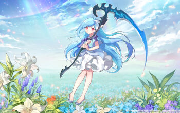 1girl artist_name asymmetrical_bangs benya_(tales_weaver) blue_flower blue_hair blue_jacket blue_shirt blue_shoes blue_sky bow caesty cloud commentary_request company_name copyright_notice dated_commentary dress english_text eyelashes field flats flower flower_field flower_request footwear_bow full_body hair_flower hair_ornament holding holding_scythe jacket knees_together_feet_apart korean_commentary layered_dress lily_(flower) long_hair looking_at_viewer medium_dress nexon off-shoulder_shirt off_shoulder official_art open_mouth orange_flower orange_rose outdoors purple_bow purple_flower purple_rose red_eyes rose scythe shirt shirt_bow shoes sidelocks sky sleeve_bow solo sparkle standing straight_hair strapless strapless_dress strapless_shirt sunlight tales_weaver very_long_hair watermark web_address white_bow white_dress white_flower white_lily white_petals wide_sleeves