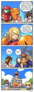 &gt;_&lt; 1girl 3boys 4koma ^_^ beach blonde_hair blush breath brown_hair captain_falcon closed_eyes cloud comic completely_unamused cropped day earth_(planet) empty_eyes english_text f-zero hair_ornament helmet highres island john_su kid_icarus link long_hair md5_mismatch metroid morph_ball multiple_boys nichijou nintendo outdoors palm_tree pit_(kid_icarus) planet ponytail power_suit_(metroid) resolution_mismatch samus_aran scarf simple_background sky source_smaller super_smash_bros. sweat the_legend_of_zelda the_legend_of_zelda:_the_wind_waker toon_link tree unamused unworn_headwear unworn_helmet varia_suit water wings