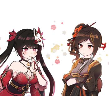 Rule 34 | 2girls, 5rwpvc, absurdres, bare shoulders, bell, black choker, black hair, black sash, breasts, brown hair, chiori (genshin impact), choker, cleavage, criss-cross halter, crossed arms, detached sleeves, dress, facial mark, fox mask, genshin impact, grey kimono, hair ornament, hair stick, halterneck, highres, honkai: star rail, honkai (series), japanese clothes, kimono, long hair, mark under both eyes, mask, mask on head, mihoyo, multiple girls, neck bell, obi, orange eyes, red dress, red eyes, sash, short sleeves, side ponytail, simple background, sparkle (honkai: star rail), twintails, upper body, very long hair, white background