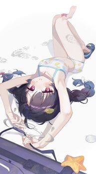 1girl ahoge armpits arms_up bag bare_legs barefoot bikini black_hair blue_archive blush braid breasts bright_pupils closed_mouth collarbone coral crocs feet footprints full_body halo highres holding kamin_(monemasu) knees_up leaf leaf_on_head leaf_print left_shoe_removed legs long_hair looking_at_viewer lying miyu_(blue_archive) miyu_(swimsuit)_(blue_archive) official_alternate_costume on_back print_bikini red_eyes sandals shoes simple_background single_shoe small_breasts solo starfish swimsuit toes twin_braids twintails upside-down weapon_case white_background white_bikini white_pupils