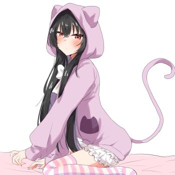 1girl animal_hood black_hair blush cat_hood cat_tail closed_mouth highres hood hood_up hoodie kneeling koto_satsuki long_hair looking_at_viewer nuooooodoomo pink_eyes purple_hoodie simple_background solo striped_clothes striped_thighhighs tail thighhighs watashi_ga_koibito_ni_nareru_wake_naijan_murimuri! white_background