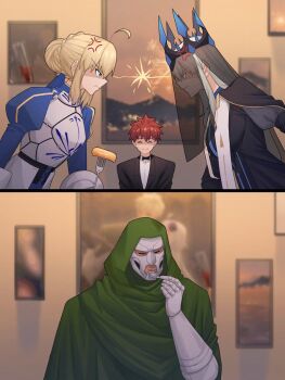 2boys 2girls ahoge armor armored_dress artoria_pendragon_(fate) blonde_hair braid cape crossover doctor_doom dress emiya_shirou fate/stay_night fate_(series) green_eyes hair_bun hair_ribbon highres hood lightning_glare long_hair mask morgan_le_fay_(fate) multiple_boys multiple_girls orange_hair red_hair ribbon saber_(fate) siblings sisters smile suhyeon