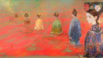 6+girls ambiguous_red_liquid brown_hair chinese_clothes coat commentary_request dalachi_(headdress) dress earrings embroidery facing_away flower from_behind ghost hair_bun hair_flower hair_ornament hair_stick highres jewelry lineup looking_at_viewer looking_back multiple_girls original partially_submerged peacock_feathers pink_flower queue red_flower river robe sbgpand shawl sideways_glance single_hair_bun suicide updo walking