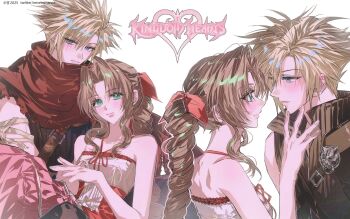 1boy 1girl 2025 aerith_gainsborough armor bandaged_arm bandages bare_shoulders barefoot black_pants black_vest blue_eyes braid braided_ponytail breasts chest_strap cloak cloud_strife copyright_name couple dress fenrir_(final_fantasy) final_fantasy final_fantasy_vii final_fantasy_vii:_advent_children green_eyes hair_between_eyes hair_ribbon halter_dress halterneck hand_on_another's_chin hetero highres kingdom_hearts kingdom_hearts_i kingdom_hearts_ii light_blush looking_at_another medium_breasts multiple_views neveromance official_alternate_costume own_hands_together pants parted_bangs pauldrons pink_dress red_cloak red_ribbon ribbon short_hair shoulder_armor sidelocks single_braid single_pauldron sitting sitting_on_lap sitting_on_person sleeveless sleeveless_turtleneck spiked_hair turtleneck twitter_username vest white_background