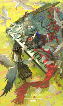 2girls absurdres bat_wings bird black_hat blunt_bangs boots breasts brown_hair brown_socks cleavage closed_mouth cup day detached_collar detached_sleeves dress feathered_wings flower gem grand_piano hair_ornament hat highres holding holding_cup instrument leaf long_hair long_sleeves looking_at_another multicolored_hair multiple_girls music original outdoors piano plant playing_instrument playing_piano red_eyes red_flower red_gemstone red_rose rose san_wu_maoliang sheet_music sidelocks sitting socks streaked_hair sunlight twintails very_long_hair vines water watermark white_bird white_flower white_hair white_wings wings