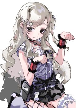 1girl animal_ears belt belt_pouch black_belt black_skirt blonde_hair bone_hair_ornament choker commentary_request cross cross_necklace dog_ears dog_girl dog_tail earrings extra_ears hair_ornament highres indie_virtual_youtuber jewelry long_hair looking_at_viewer meiken_pochi miniskirt mole mole_under_eye necklace paw_pose pouch shirt short_sleeves simple_background single_fishnet_legwear skirt solo tail toitoi_matoi virtual_youtuber wavy_hair white_background white_shirt wrist_cuffs
