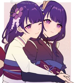 Rule 34 | 2girls, blunt bangs, blush, braid, bridal gauntlets, closed mouth, commentary, flower, flower ornament, genshin impact, hair ornament, highres, hug, hug from behind, japanese clothes, kimono, leaning on person, light smile, looking at viewer, looking to the side, makoto (genshin impact), mano (m1n0f2e1), mole, mole under eye, multiple girls, one eye closed, pink kimono, purple eyes, purple hair, purple kimono, raiden shogun, red sash, sash, shy, siblings, single braid, sisters, twins, upper body, wisteria