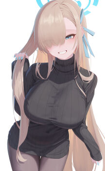 1girl absurdres asuna_(blue_archive) black_pantyhose black_sweater blonde_hair blue_archive blue_eyes blue_halo blue_nails blush breasts commentary_request eyes_visible_through_hair grin hair_over_one_eye hair_ribbon halo highres large_breasts long_hair looking_at_viewer pantyhose pige_pig ribbed_sweater ribbon smile solo sweater turtleneck turtleneck_sweater very_long_hair white_background