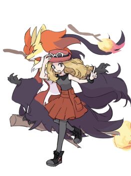 1girl black_thighhighs blonde_hair delphox eyelashes eyewear_on_head gen_6_pokemon grey_hair hat highres long_hair mega_delphox mega_pokemon nintendo open_mouth pokemon pokemon_(creature) pokemon_xy red_hat red_skirt serena_(pokemon) shirt skirt sleeveless sleeveless_shirt sunglasses thighhighs white_background xlii_idk