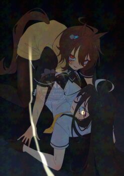 2girls adversarial_noise agnes_tachyon_(tach-nology)_(umamusume) agnes_tachyon_(umamusume) ahoge animal_ears black_gloves black_hair black_necktie black_shirt black_skirt blush brown_pantyhose caught chemical_structure clothing_cutout collared_shirt crossed_bangs ear_ornament earrings flustered gloves hair_between_eyes half_gloves hem_peeking_out highres horse_ears horse_girl horse_tail jewelry latte_tr long_hair long_hair_between_eyes looking_at_viewer manhattan_cafe_(umamusume) multicolored_hair multiple_girls necktie pantyhose parted_lips pleated_skirt red_eyes shirt short-sleeved_sweater short_hair short_necktie short_sleeves single_earring skirt smile sweatdrop sweater tail tail_through_clothes umamusume very_long_hair walk-in watermark white_hair white_shirt yellow_eyes yellow_necktie yellow_sweater yukadon yuri