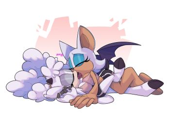 2girls animal_ears animal_nose barefoot bat_ears bat_girl bat_wings blue_eyeshadow breasts breasts_squeezed_together closed_eyes dolphin_shorts eyelashes eyeshadow fluffy french_kiss furry furry_female furry_with_furry gogomrdodo hair_between_eyes highres horns kiss lanolin_the_sheep large_breasts large_ears leg_lock lesbians_sex long_hair lying makeup multiple_girls on_back pink_tank_top rouge_the_bat sega sheep_girl sheep_horns shorts simple_background sonic_(series) sonic_the_hedgehog_(idw) sprawled tank_top tongue tongue_out twintails white_background white_fur wings yuri