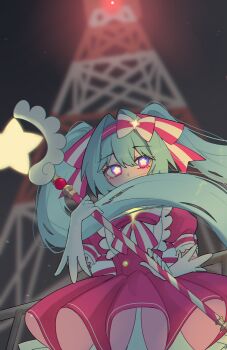 1girl aqua_hair blue_eyes bow bow_hairband bowtie commentary dress english_commentary gloves hairband hatsune_miku highres holding holding_staff ima_sugu_rinne_(vocaloid) long_hair looking_at_viewer mage_staff magical_girl magui3 multicolored_eyes outdoors pink_bow pink_bowtie pink_dress pink_eyes pink_hairband short_sleeves solo staff star-shaped_pupils star_(symbol) star_wand symbol-shaped_pupils twintails two-tone_eyes very_long_hair vocaloid wand white_gloves