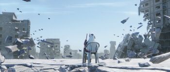 1girl 3d alpha:_crimson_abyss_(pgr) alpha_(pgr) ankle_boots asymmetrical_legwear bandaged_leg bandages black_boots blue_sky boots chair city cityscape cloud copyright_name cosplay day debris devil_may_cry_(series) devil_may_cry_5 floating floating_object from_behind full_body hair_ornament headgear highres holding holding_sheath holding_weapon long_hair meme monobloc_(chair) on_chair punishing:_gray_raven rebar ruins sheath sheathed signature sitting sky solo straight_hair vergil&#039;s_chair_(meme) vergil_(devil_may_cry) vergil_(devil_may_cry)_(cosplay) weapon white_hair yibai