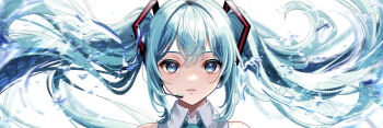 1girl aqua_eyes aqua_hair aqua_necktie collared_shirt commentary_request hair_between_eyes hair_ornament hatsune_miku headset highres long_hair looking_at_viewer necktie parted_lips sakusakupenpen shirt simple_background solo twintails very_long_hair vocaloid water white_background white_shirt