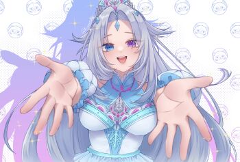 Rule 34 | 1girl, blue dress, blue eyes, breasts, commentary, dress, drop shadow, english commentary, forehead jewel, grey hair, heterochromia, highres, indie virtual youtuber, korioujo (vtuber), kuraedo, large breasts, long hair, looking at viewer, open hands, open mouth, purple eyes, reaching, reaching towards viewer, smile, solo, tiara, upper body, virtual youtuber