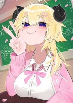1girl :> ahoge blonde_hair breasts chalkboard classroom clock collared_shirt commentary_request curled_horns desk hair_between_eyes hair_ornament heart heart_hair_ornament highres hololive horns indie_virtual_youtuber jacket large_breasts long_hair looking_at_viewer pink_jacket pink_nails pink_ribbon purple_eyes ribbon school_desk sheep_horns shigure_ui_(vtuber) shirt smile solo_focus tsunomaki_watame tsunomaki_watame_(school_uniform) unbuttoned v virtual_youtuber watamate white_shirt x_hair_ornament yuuppi