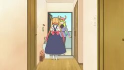 2girls ai-generated ai-synthesized_speech ai_voiced animated anime_screenshot audible_speech back_ribbon blonde_hair breasts breath chair closed_eyes couch door dot_nose dragon_girl dragon_horns dragon_tail eating english_audio eye_contact eyelashes female_focus fork green_hair hallway hat horns huge_breasts indoors kitchen kneeling kobayashi-san_chi_no_maidragon large_breasts looking_at_another lucoa_(maidragon) maid maid_headdress multiple_girls orange_eyes orange_hair paper phone plate salute sink sitting slit_pupils smile sound standing table tail tail_grab television thermostat tohru_(maidragon) twintails umbrella video walking wavy_hair