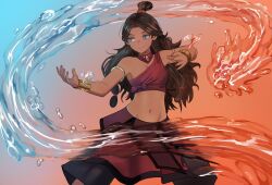 1girl armlet avatar:_the_last_airbender avatar_legends blue_eyes breasts brown_hair choker dark-skinned_female dark_skin element_bending highres hydrokinesis jewelry jourd4n katara long_hair medium_breasts midriff smile solo water