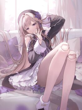 1girl absurdres arm_up beret black_dress black_hat choker clothing_cutout commentary couch doll_joints dress flower grey_hair hat hat_flower herta_(honkai:_star_rail) herta_(puppet)_(honkai:_star_rail) highres honkai:_star_rail honkai_(series) joints knees_up long_hair looking_at_viewer nannaspad on_couch parted_lips purple_choker purple_eyes purple_flower purple_nails shoulder_cutout sitting solo symbol-only_commentary white_dress