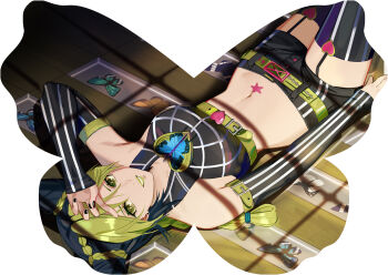 1girl arm_up bare_shoulders belt belt_buckle black_hair black_shorts braid buckle bug butterfly detached_sleeves double_bun ear_piercing earrings floor framed from_above garter_straps green_belt green_eyes green_lips green_nails hair_between_eyes hair_bun heart highres indoors insect jewelry jojo_no_kimyou_na_bouken kuujou_jolyne light lipstick long_hair long_sleeves looking_at_viewer lying makeup midriff multicolored_hair nail_polish navel parted_lips piercing shadow short_shorts shorts sleeves_past_wrists smile solo star_(symbol) stomach striped_clothes striped_sleeves striped_thighhighs thighhighs tsuaaa two-tone_hair