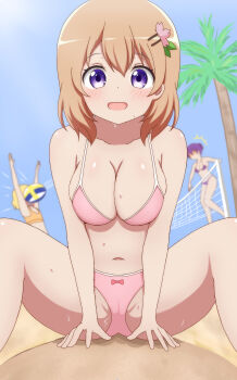 3girls absurdres arms_up ball beach beach_volleyball between_legs bikini blonde_hair blush bow bow_bikini breasts brown_hair cleavage collarbone flower gochuumon_wa_usagi_desu_ka? hair_bun hair_flower hair_ornament hairclip highres hitting hoto_cocoa kirima_syaro large_breasts looking_at_viewer multiple_girls navel no_eyes open_mouth orange_bikini palm_tree pink_bikini playing_sports poa_mellhen purple_bikini purple_eyes purple_hair sand short_hair single_hair_bun sitting sky small_breasts smile standing sun surprised sweat swimsuit tedeza_rize throwing tree volleyball volleyball_(object) volleyball_net
