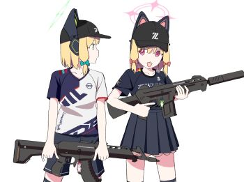 2girls animal_ear_headphones animal_ears assault_rifle baseball_cap black_hat black_shirt black_shorts black_skirt blonde_hair blue_archive bow cat_ear_headphones cat_ears fake_animal_ears green_bow green_eyes green_halo gun hair_bow halo hat headphones highres holding holding_gun holding_weapon looking_at_another midori_(blue_archive) miyamura_(mymr06) momoi_(blue_archive) multiple_girls open_mouth pink_bow pink_eyes pink_halo rifle shirt short_sleeves shorts siblings simple_background sisters skirt smile weapon white_background white_shirt