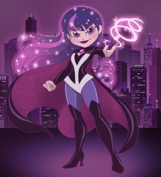 1girl black_footwear boots cape city city_lights comic_background dc_comics dc_super_hero_girls egitojuniior full_body highres holding holding_wand looking_at_viewer magic purple_background purple_eyes purple_hair skyline smile sparkle standing superhero_costume tower wand zatanna_zatara
