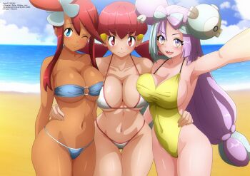 3girls absurdres arm_around_waist beach bikini blue_bikini blue_eyes blue_hair blush bow-shaped_hair breast_press breasts character_hair_ornament cleavage cloud collarbone covered_erect_nipples dark_skin gen_1_pokemon hair_bun hair_ornament hairclip highres iono_(pokemon) large_breasts long_hair looking_at_viewer low_twintails magnemite multicolored_hair multiple_girls navel nintendo o-ring o-ring_bikini ocean one-piece_swimsuit one_eye_closed open_mouth pink_eyes pink_hair pokemon pokemon_bw pokemon_hgss pokemon_sv purple_eyes purple_hair red_hair sand sharp_teeth side_bun sidelocks sky skyla_(pokemon) smile standing swimsuit teeth twintails two-tone_hair underboob water white_bikini whitney_(pokemon) wink yellow_one-piece_swimsuit zel-sama