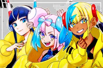 3girls absurdres aqua_hair bandeau black_hair black_mask blonde_hair blue_eyes blue_hair blunt_bangs blush bow-shaped_hair breasts canari_(pokemon) center-flap_bangs character_hair_ornament closed_mouth coat criss-cross_halter criss-cross_straps dark-skinned_female dark_skin elesa_(pokemon) fake_hair_bun female_focus fur_coat hair_ornament halter_shirt halterneck headphones hexagon_print highres in-franchise_crossover iono_(pokemon) jacket long_hair long_sleeves looking_at_viewer mask mask_pull mouth_mask multicolored_hair multiple_girls nintendo open_mouth pink_hair pokemon pokemon_bw2 pokemon_legends:_z-a pokemon_sv saku06480514 sharp_teeth short_twintails smile split-color_hair sports_bra teeth trait_connection twintails two-tone_hair two-tone_mask upper_body yellow_bandeau yellow_coat yellow_jacket yellow_mask yellow_sports_bra
