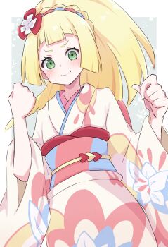 1girl absurdres blonde_hair blush clenched_hands closed_mouth floral_print floral_print_kimono green_eyes highres japanese_clothes kimono lillie_(new_year&#039;s_2021)_(pokemon) lillie_(pokemon) long_hair looking_at_viewer nintendo obi official_alternate_costume piyo_to_game pokemon pokemon_masters_ex ponytail print_kimono sash smile solo wide_sleeves
