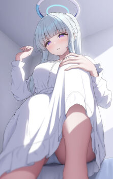 1girl :o absurdres arched_bangs ass bare_legs blue_archive blunt_bangs blush breasts commentary_request dress from_below grey_hair halo highres indoors knee_up large_breasts long_hair long_sleeves looking_at_viewer noa_(blue_archive) noa_(pajamas)_(blue_archive) official_alternate_costume panties pantyshot ponytail purple_eyes sitting sleepwear solo topgear underwear white_dress white_panties