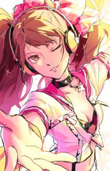 Rule 34 | 1girl, absurdres, black bra, bow, bra, breasts, brown eyes, brown hair, cleavage, collarbone, hair bow, headphones, highres, jacket, jewelry, kujikawa rise, long hair, looking at viewer, midriff, navel, one eye closed, outstretched arms, parted lips, partially unzipped, pendant, persona, persona 4: dancing all night, persona dancing, pink bow, short sleeves, small breasts, solo, ssssantn, stomach, suspenders, twintails, underwear, upper body, white jacket