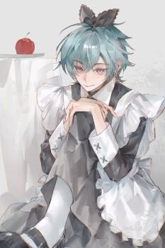 1boy alternate_costume apple apron black_bow black_dress black_shoes bow commentary crossdressing crossdressing_(mtf) dress enmaided feet_out_of_frame food fruit genshin_impact green_hair grey_background hair_between_eyes hair_bow hands_on_own_knee highres knee_up lohen_(genshin_impact) long_sleeves looking_at_viewer maid male_focus mary_janes own_hands_together pantyhose plate shoes short_hair simple_background sitting solo table white_apron white_pantyhose you_yeyou0904