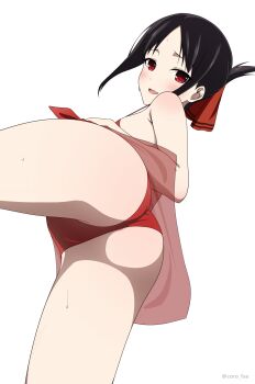 1girl :d ass ass_focus bikini black_hair breasts coro_fae from_below hair_ribbon highres kaguya-sama_wa_kokurasetai_~tensai-tachi_no_renai_zunousen~ looking_at_viewer looking_back open_mouth red_bikini red_eyes red_ribbon red_sarong ribbon sarong shinomiya_kaguya simple_background small_breasts smile solo strap_gap swimsuit thighs wet white_background